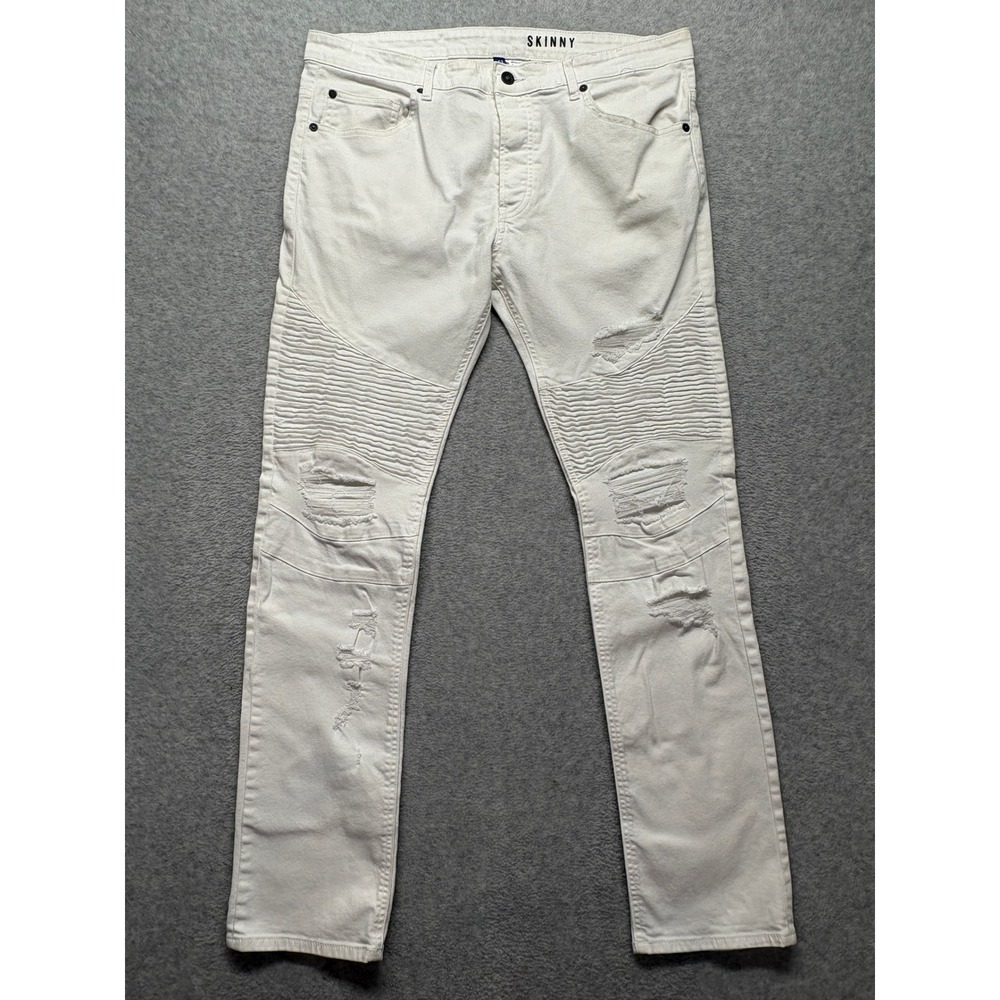 HM Divided Mens Skinny Moto Jeans White Distressed Ripped Biker Pants Size 36